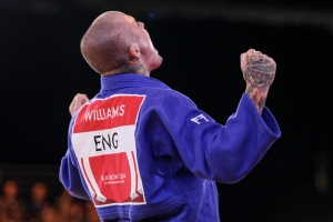 25.07.2014 Glasgow, Scotland. 2014 Commonwealth Games. Judo u73k kilo gold medal contest Danny Williams (ENG) celebrates victory over Adrian Leaf (NZL) and takes the gold medal.