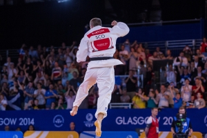 26.07.2014 Glasgow, Scotland. 2014 Commonwealth Games. Judo u100 kilo Euan Burton (SCO) celebrates victory over Shah Shah Hussain (PAK) to take the gold medal and Commonwealth title.